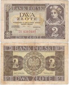 POLSKA, 2 ZŁOTE	1936, serie CG, CS, CT, DI, DS., Parch. 83a