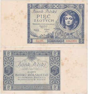POLSKA, 5 ZŁOTYCH 2.1.1930, Seria BX, Parch. 86b