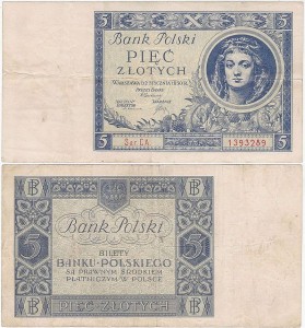 POLSKA, 5 ZŁOTYCH 2.1.1930, Seria CA, Parch. 86b