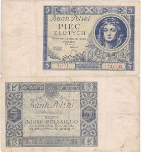 POLSKA, 5 ZŁOTYCH 2.1.1930, Seria CL, Parch. 86b