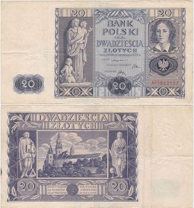 POLSKA, 20 ZŁOTYCH 11.11.1936, Seria AP, Parch. 94