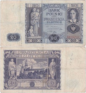 POLSKA, 20 ZŁOTYCH 11.11.1936, Seria BA, Parch. 94