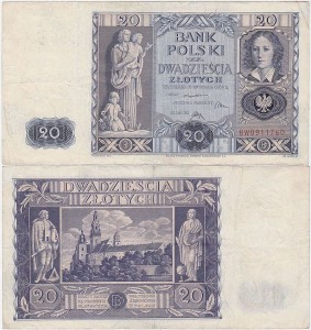 POLSKA, 20 ZŁOTYCH 11.11.1936, Seria BW, Parch. 94
