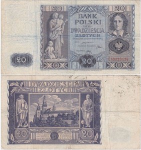 POLSKA, 20 ZŁOTYCH 11.11.1936, Seria CA, Parch. 94