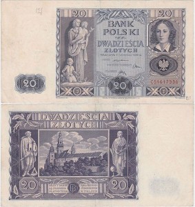 POLSKA, 20 ZŁOTYCH 11.11.1936, Seria CS, Parch. 94