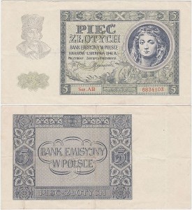 POLSKA, GENERALNA GUBERNIA 5 ZŁOTYCH	1.8.1941, seria AB, Parch. 148bb