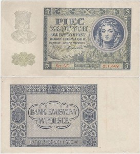 POLSKA, GENERALNA GUBERNIA 5 ZŁOTYCH	1.8.1941, seria AC, Parch. 148bb
