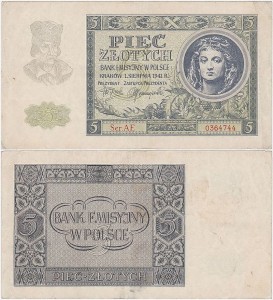 POLSKA, GENERALNA GUBERNIA 5 ZŁOTYCH	1.8.1941, seria AE, Parch. 148b