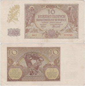 POLSKA, GENERALNA GUBERNIA 10 ZŁOTYCH 1.3.1940, seria J, Parch. 149a