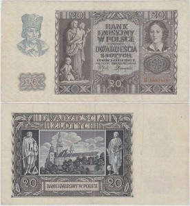 POLSKA, GENERALNA GUBERNIA 20 ZŁOTYCH 1.3.1940, seria E, Parch. 150a