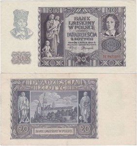 POLSKA, GENERALNA GUBERNIA 20 ZŁOTYCH 1.3.1940, seria H, Parch. 150a