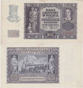 POLSKA, GENERALNA GUBERNIA 20 ZŁOTYCH 1.3.1940, seria L, Parch. 150a