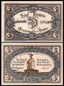 CHOCIWEL - FREIENWALDE 5 FENIGÓW XI.1920 Pomnik z 1813, numer czarny, 5 cyfr