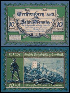 GRYFÓW ŚLĄSKI - GREIFFENBERG 10 FENIGÓW 19.IV.1920 Ruiny zamku Gryf