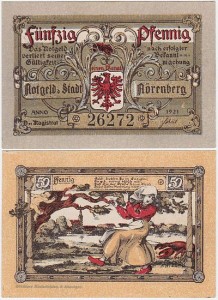 IŃSKO - NÖRENBERG 50 FENIGÓW Anno1921 Rak goni kobietę, pełny kolor