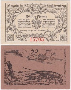 IŃSKO - NÖRENBERG 50 FENIGÓW 1.VI.1920 rak pod chmurami, str. odwr. kolor śliwkowy