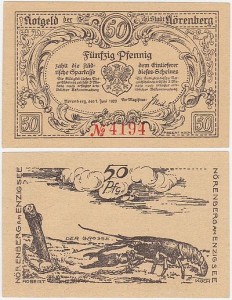IŃSKO - NÖRENBERG 50 FENIGÓW 1.VI.1920 rak j.w.cały jasnoherbaciany, No i 4 cyfry