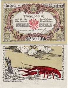 IŃSKO - NÖRENBERG 50 FENIGÓW 1.VI.1920 cały zielony,rak i herb czerw. czarne 5 cyfr i rozeta