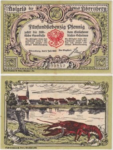 IŃSKO - NÖRENBERG 75 FENIGÓW 1.VI.1920 Rak nad jeziorem, Av. I Rw. Pełny kolor