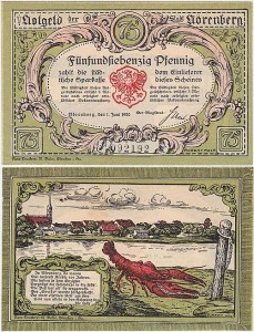 IŃSKO - NÖRENBERG 75 FENIGÓW 1.VI.1920 Rak na łańcuchu nad jeziorem