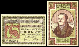 KOŁOBRZEG - KOLBERG 75 FENIGÓW 1.IX.1921, zielony, J.Ch. Nattelbeck