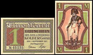 KOŁOBRZEG - KOLBERG 1 MARKA 1.IX.1921, zielony, A.W. von Gneisenau