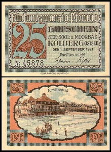 KOŁOBRZEG - KOLBERG 25 FENIGÓW 1.IX.1921, niebieski, Łazienki rodzinne
