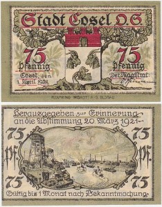 KOŹLE - COSEL 75 FENIGÓW 1.IV.1921, Port, Transport rzeczny