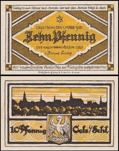 OLEŚNICA - OELS	10 FENIGÓW 1.III.1921 Panorama, jasnobrązowy
