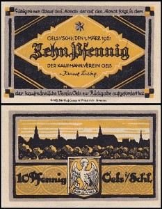 OLEŚNICA - OELS	10 FENIGÓW 1.III.1921 Panorama, czarnobrązowy