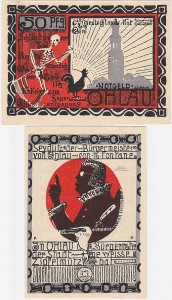 OŁAWA - OHLAU 50 FENIGÓW (1921)	Burmistrz Seydlitz/  śmiertka, kogut, wieża