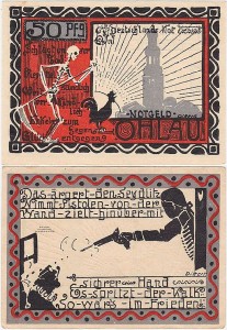 OŁAWA - OHLAU 50 FENIGÓW (1921)	Zamach na Burmistrza/  śmiertka, kogut, wieża