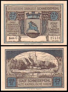 PIŁA - SCHNEIDEMUHL 25 FENIGÓW br., niebieski, konto C, Stary Kościół Katolicki