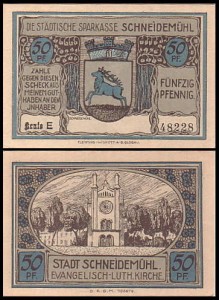 PIŁA - SCHNEIDEMUHL 50 FENIGÓW br., niebieski, konto E, konto A, Koścół Ewangelicki
