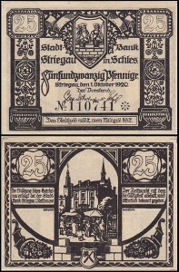 STRZEGOM – STRIEGAU 25 FENIGÓW 1.X.1920 Ratusz, Czarno-biały, numerator 6 cyfr i rozeta