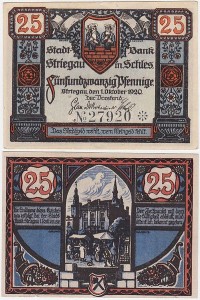 STRZEGOM – STRIEGAU 25 FENIGÓW 1.X.1920 Ratusz, kolorowy, numerator 5 cyfr i rozeta