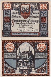 STRZEGOM – STRIEGAU 25 FENIGÓW 1.X.1920 Ratusz, kolorowy, numerator 6 cyfr i rozeta