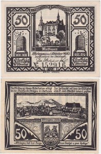 STRZEGOM – STRIEGAU 50 FENIGÓW 1.X.1920 Ratusz/ Panorama, czarno/biały, numerator 6 cyfr