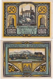 STRZEGOM – STRIEGAU 50 FENIGÓW 1.X.1920 Ratusz/ Panorama, żółto-zielony, numerator 5 cyfr