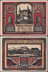 STRZEGOM – STRIEGAU 50 FENIGÓW 1.X.1920 Ratusz/ Panorama, poddruk czerwony, nr 5 cyfr