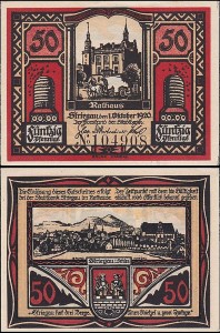 STRZEGOM – STRIEGAU 50 FENIGÓW 1.X.1920 Ratusz/ Panorama, poddruk czerwony, nr 6 cyfr