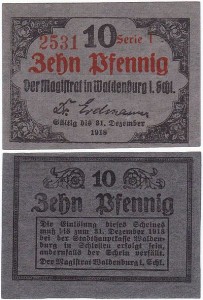 WAŁBRZYCH - WALDENBURG, 10 FENIGÓW do 31.XII.1918 nadruk pomarańczowy, numerator czerwony, 4 cyfry, Serie I