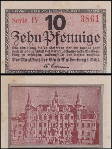 WAŁBRZYCH - WALDENBURG, 10 FENIGÓW b.r., seria IV, numerator 4 cyfry, Ratusz