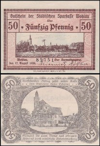 WOŁÓW - WOHLAU 50 FENIGÓW 17.VIII.1920 Ratusz / Panorama, numerator 5 cyfr