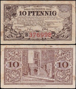 ZGORZELEC - GORLITZ 10 FENIGÓW 1.II.1921 Schody do Ratusza, seria B i 6 cyfr