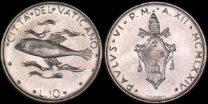 Watykan, 10 Lire 1974, Ryba, KM 119