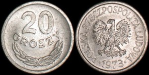 Polska, 20 Groszy 1973 ze znakiem mennicy