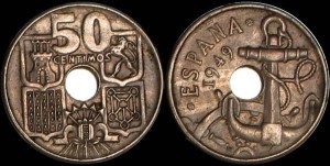 Hiszpania, 50 Centimos 1949, KM 777, Kotwica