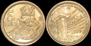Hiszpania, 5 Pesetas 1997, KM 981