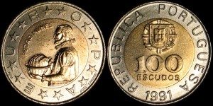 Portugalia, 100 Escudos, bimetal, KM 645.1